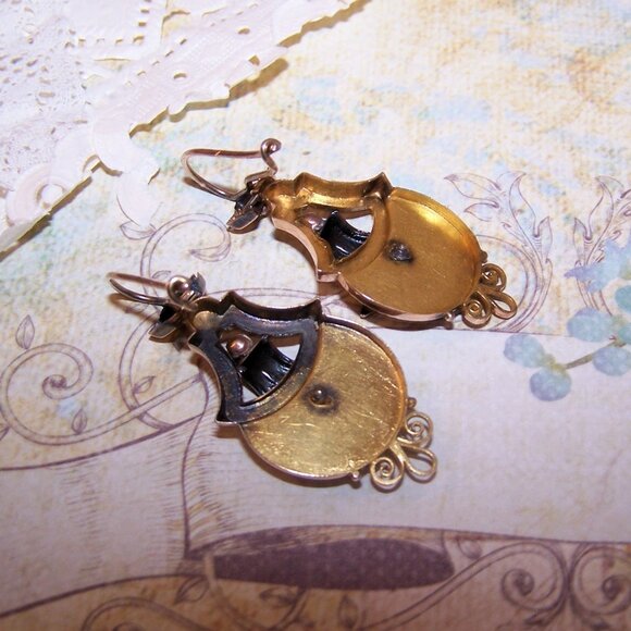 Antique 14K Gold Taille D'Epergne Enamel Pearl Dangle Earrings - Hook Findings - Picture 10 of 10